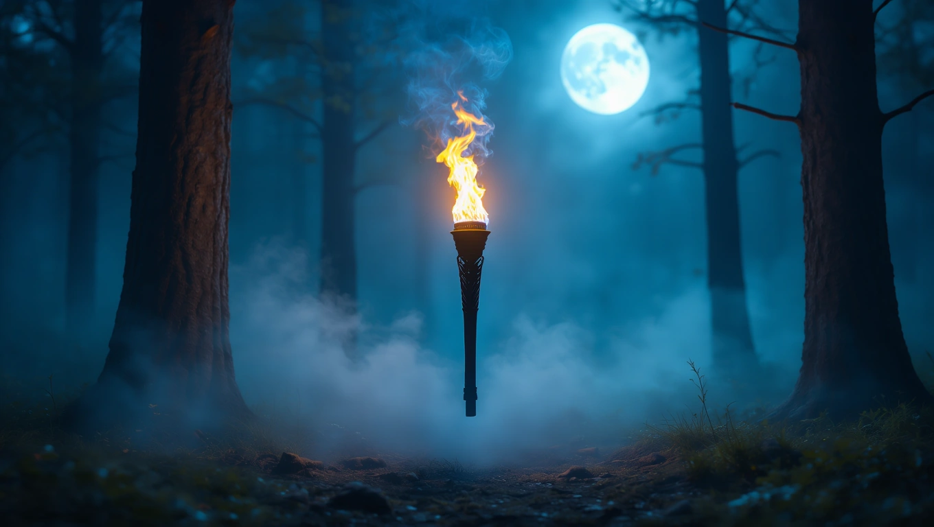 Mit jelent fáklyával álmodni? – Részletes álomfejtés és értelmezés Fáklya lángja világít a sűrű erdőben, köd és holdfény között.