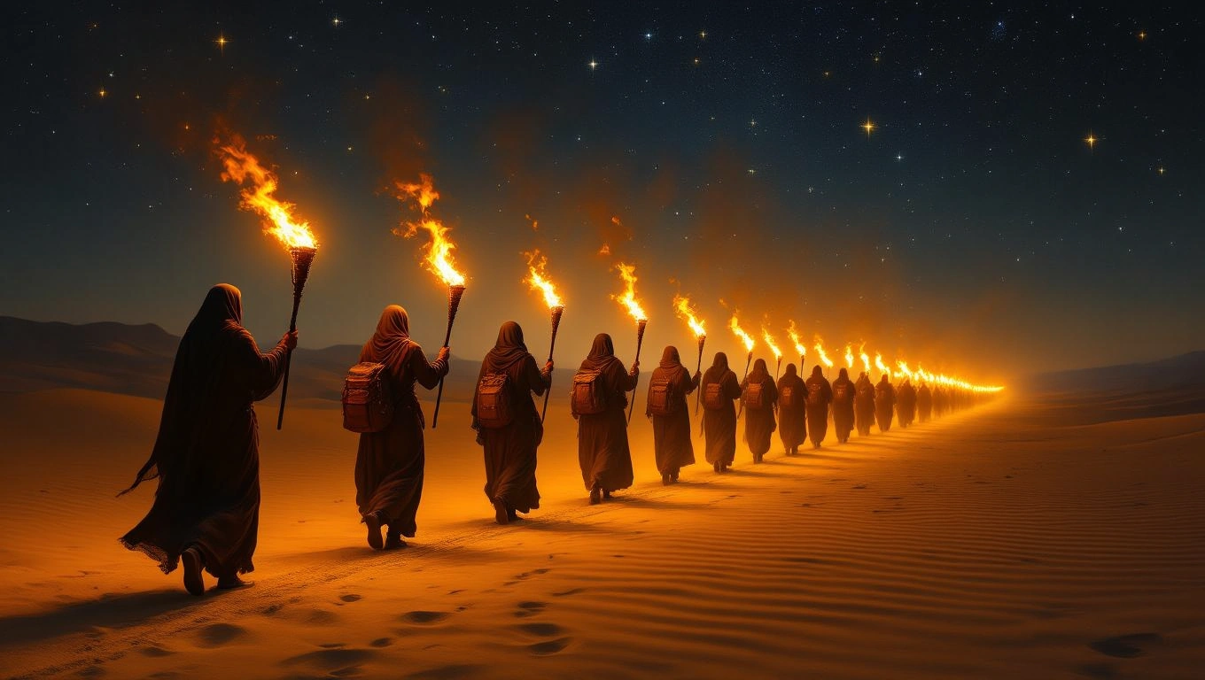 Mit jelent fáklyával álmodni? – Részletes álomfejtés és értelmezés Sötét sivatagban fáklyát tartó emberek sorakoznak, megvilágítva az utat.