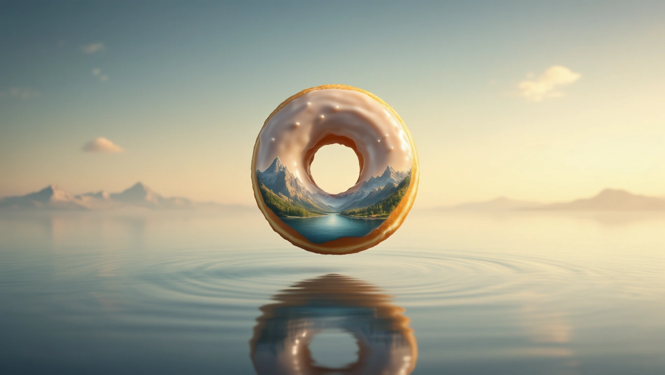 Mit jelent fánkkal álmodni? – Részletes álomfejtés és értelmezés Egy fánk lebeg a víz felett, belsejében hegyek és tó látható.