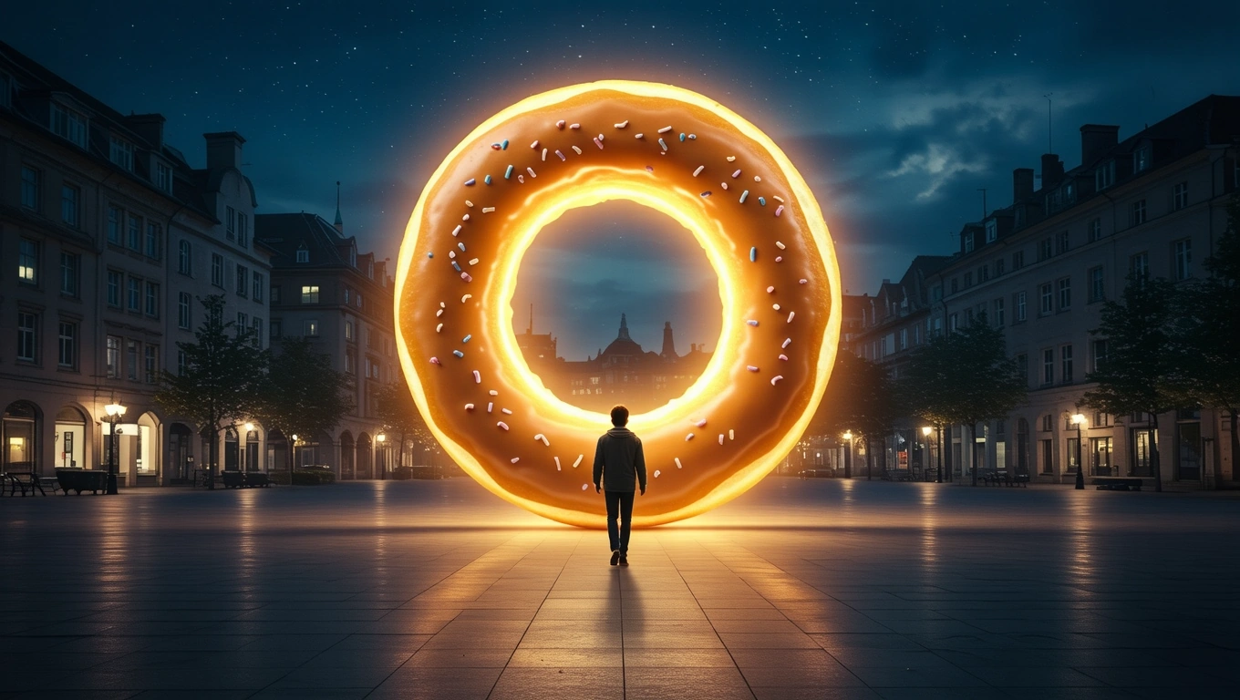 Mit jelent fánkkal álmodni? – Részletes álomfejtés és értelmezés Egy hatalmas, világító fánk áll egy városi téren, egy ember nézi.