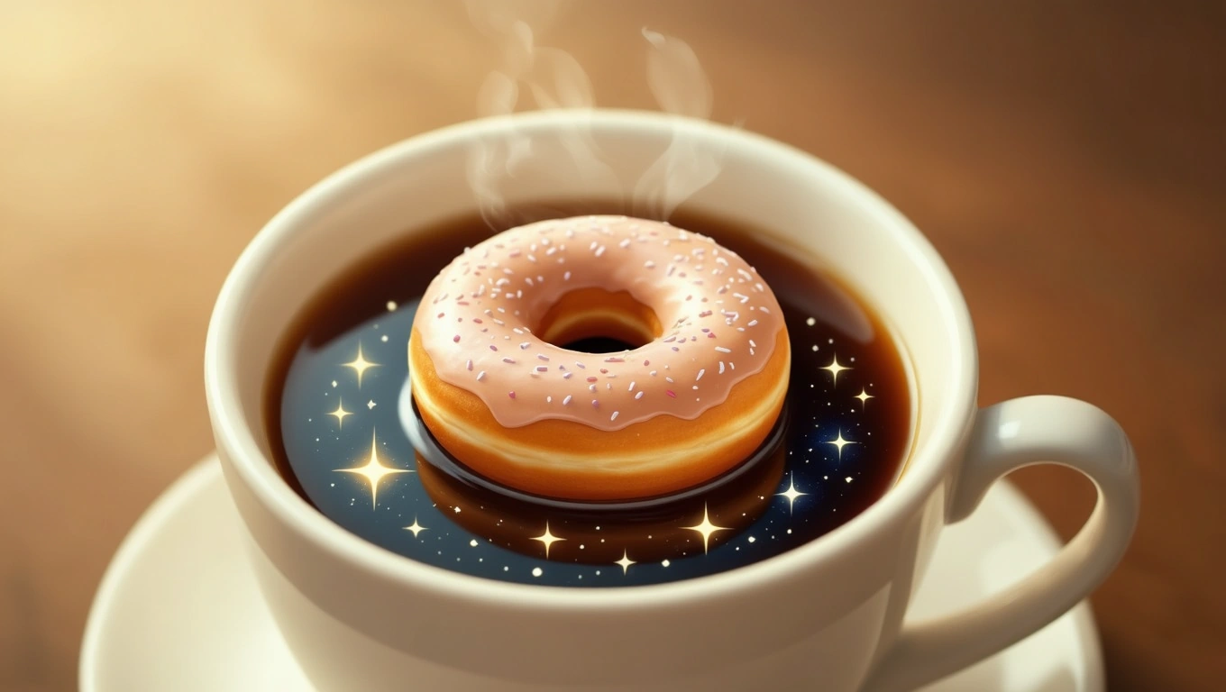 Mit jelent fánkkal álmodni? – Részletes álomfejtés és értelmezés Egy fánk lebeg egy csésze kávéban, csillagokkal és gőzölgő füsttel.