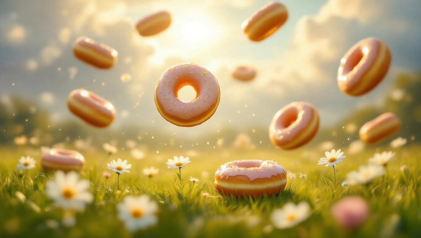 Mit jelent fánkkal álmodni? – Részletes álomfejtés és értelmezés Tavaszi réten lebegő fánkok, virágok között, napfényben.