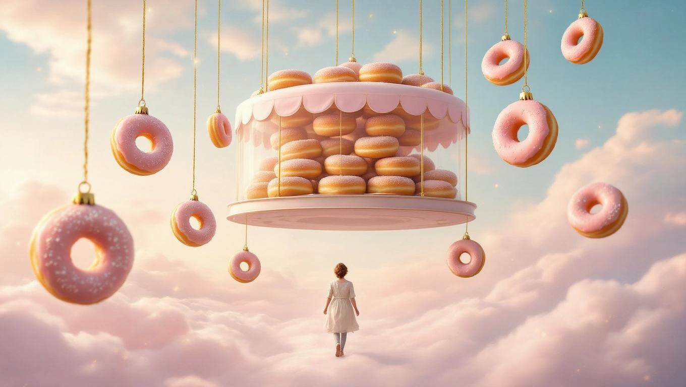 Mit jelent fánkkal álmodni? – Részletes álomfejtés és értelmezés Egy álomszerű táj, ahol fánkok lebegnek a felhők felett, egy nő sétál feléjük.