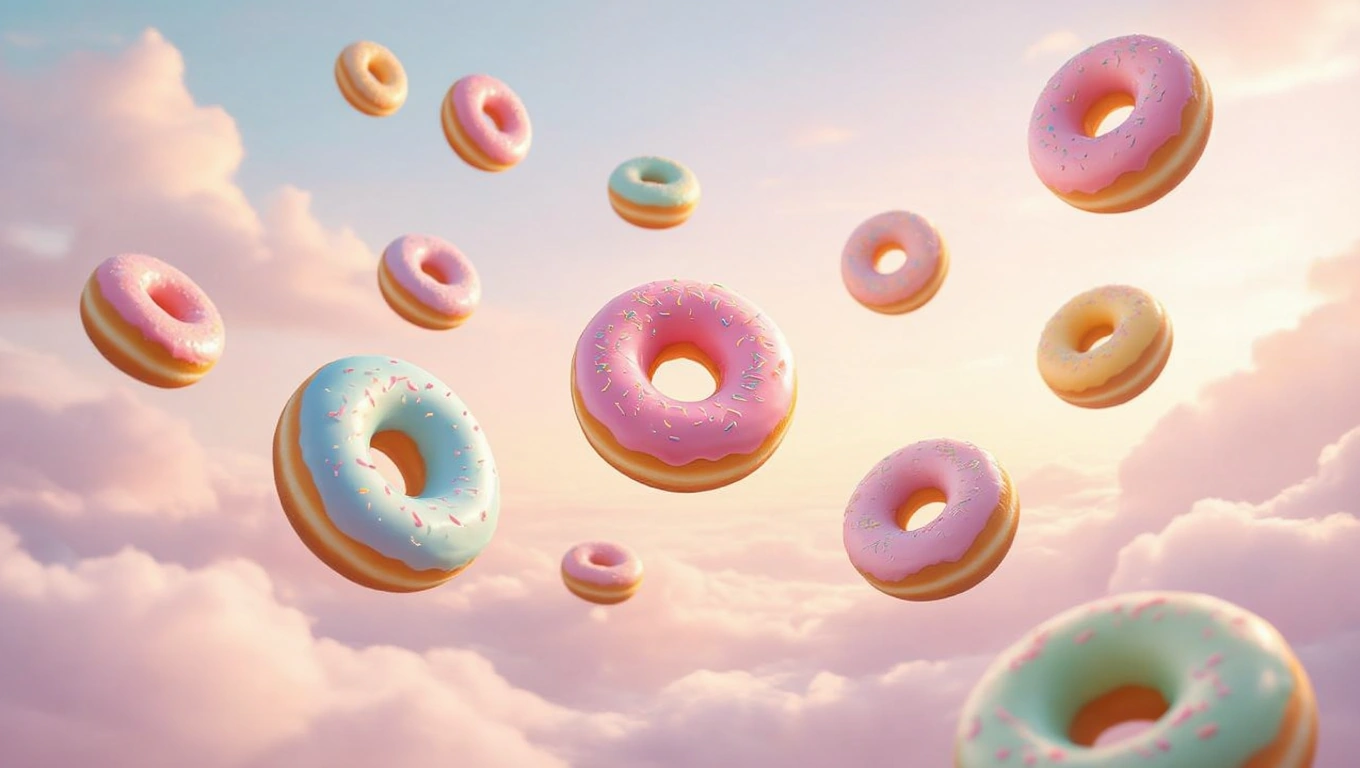 Színes fánkok lebegnek a felhők felett, álomszerű háttérrel.