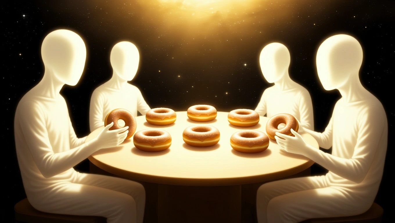 Mit jelent fánkkal álmodni? – Részletes álomfejtés és értelmezés Négy alak ül egy asztalnál, fánkokkal körülvéve, űrbeli háttérben.