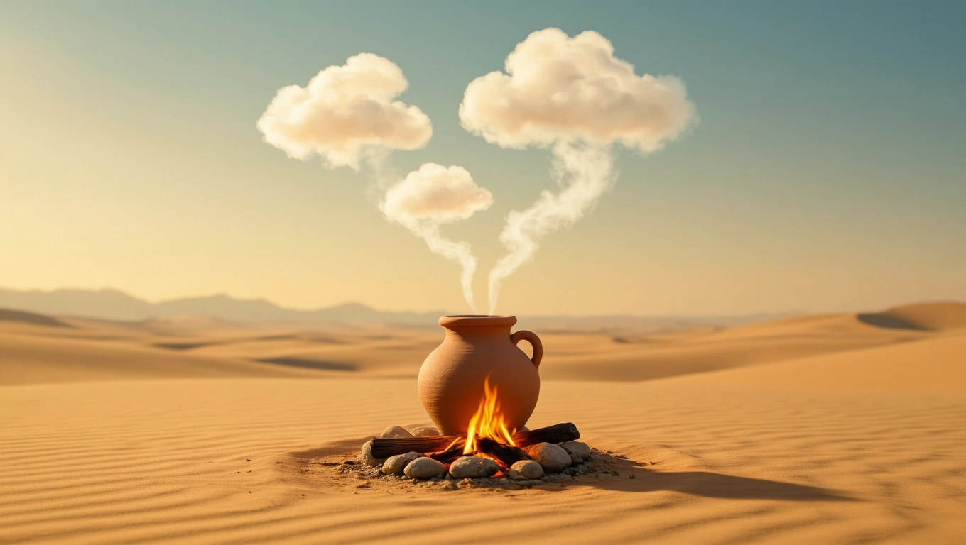 Egy fazék füstöl a sivatagban, felhők formájában szálló gőzökkel.