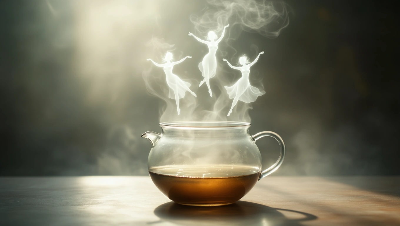 Egy üveg fazékban gőzölög egy barna folyadék, fehér szellemek táncolnak a gőzben.