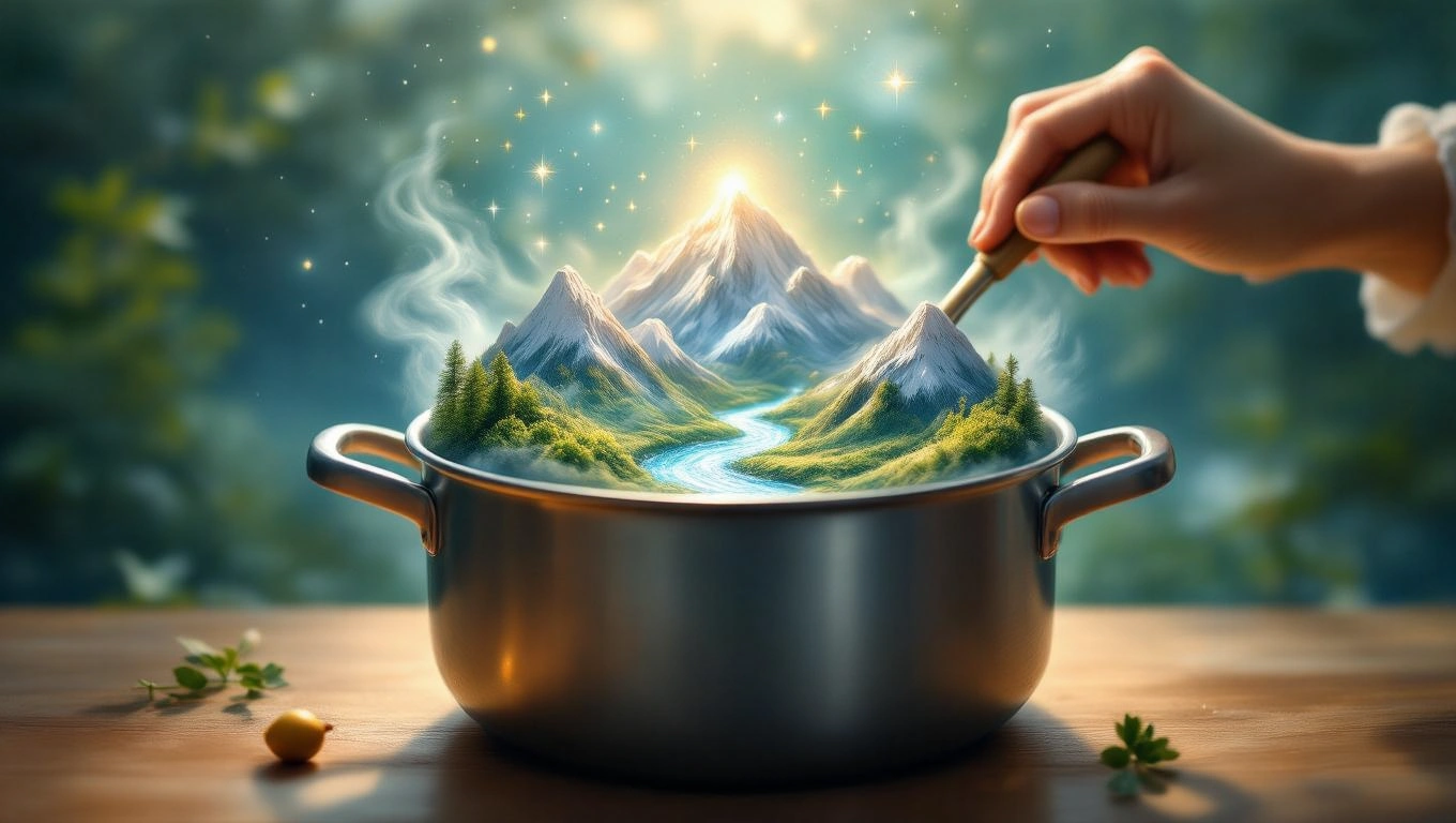 Egy fazékban hegyek és folyó jelenik meg, varázslatos ködben.