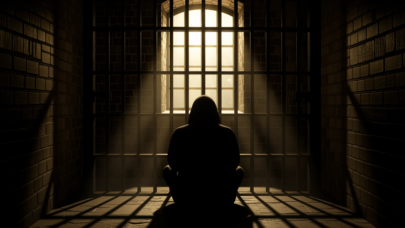 Mit jelent fegyházzal álmodni? – Részletes álomfejtés és értelmezés Egy sötét börtöncellában ülő alak, a rácsok mögött, fénycsóvák között.