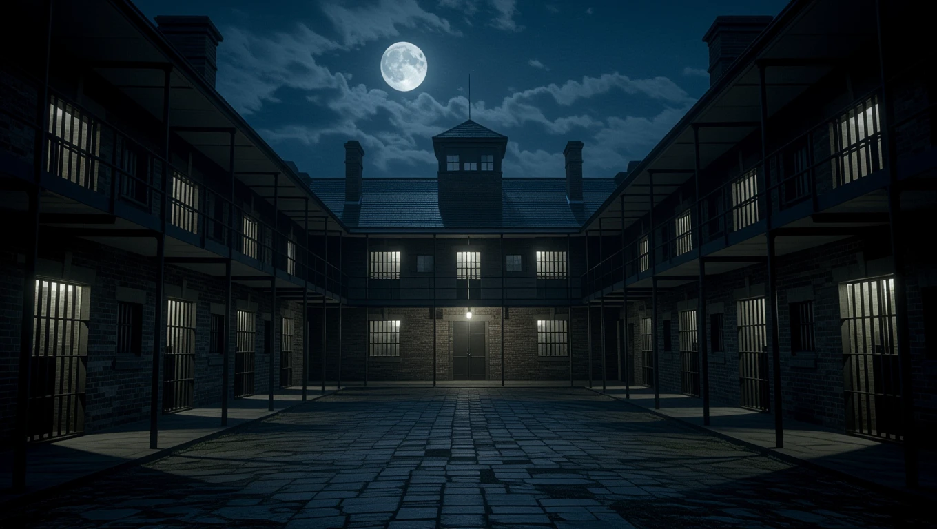 Mit jelent fegyházzal álmodni? – Részletes álomfejtés és értelmezés Sötét éjszaka, világító ablakokkal rendelkező fegyház udvara.