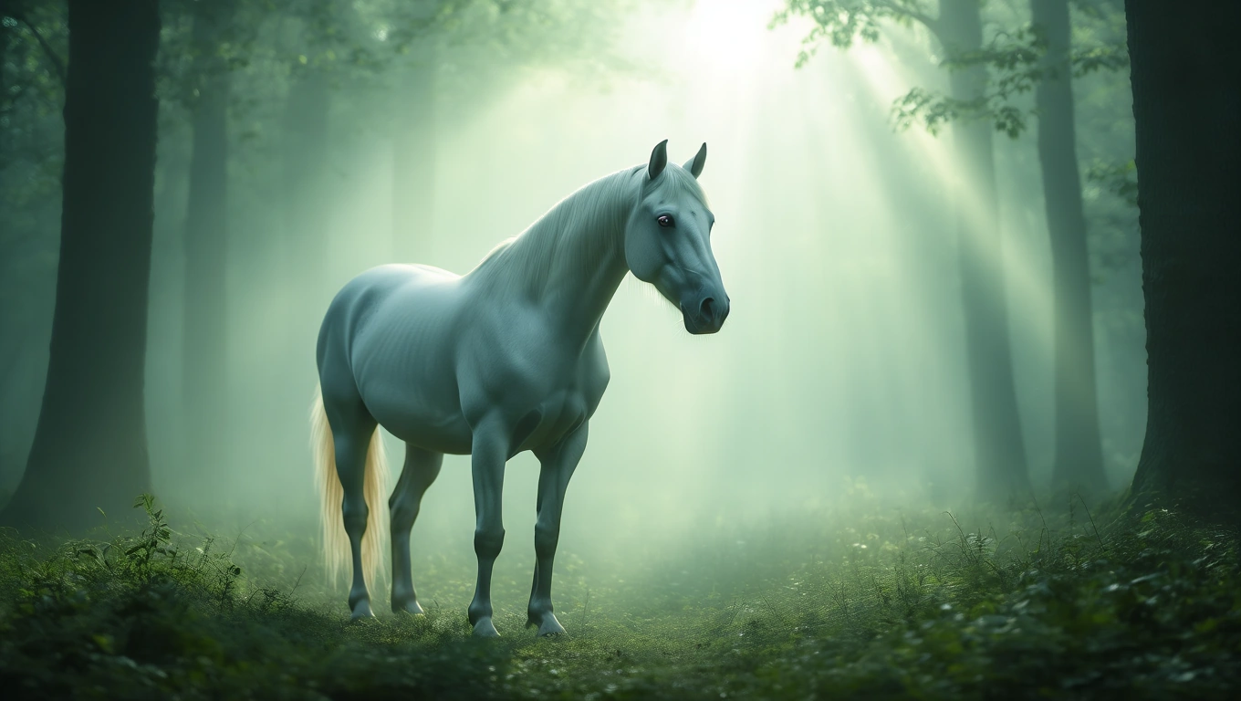 Mit jelent lovakkal álmodni? – Részletes álomfejtés és értelmezés Egy fehér ló áll egy ködös erdőben, a napfény átszűrődik a fák között.