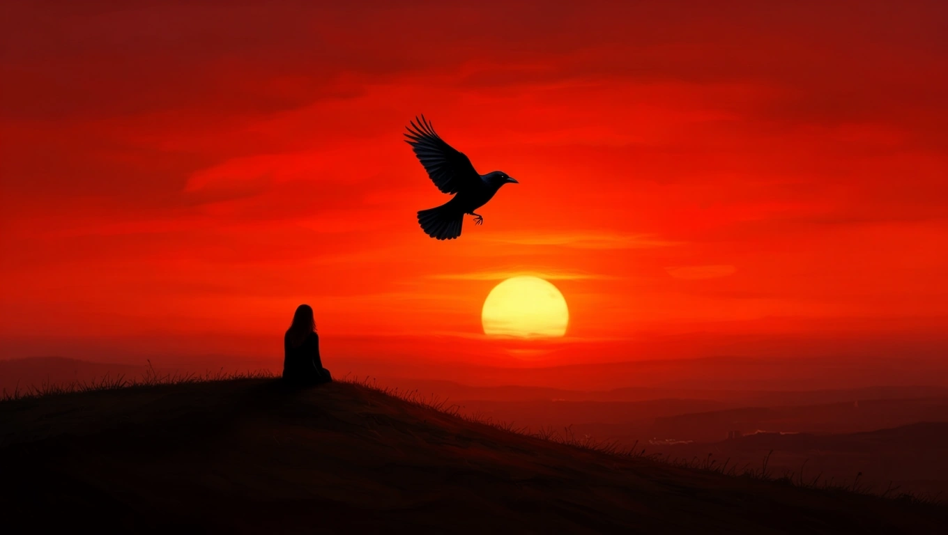 Mit jelent fekete madárral álmodni? – Részletes álomfejtés és értelmezés Egy fekete madár repül a naplementében, egy nő ül a dombon.