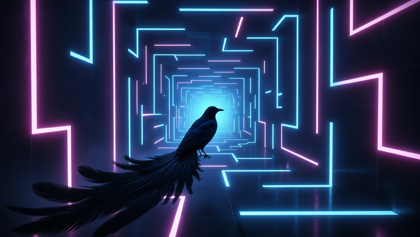 Mit jelent fekete madárral álmodni? – Részletes álomfejtés és értelmezés Egy fekete madár áll egy futurisztikus, neonfényekkel megvilágított alagútban.