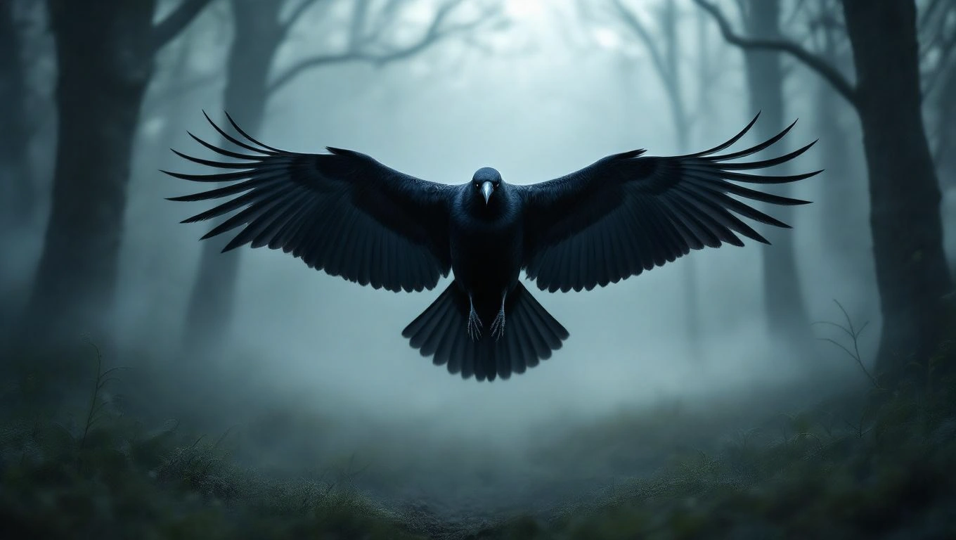 Mit jelent fekete madárral álmodni? – Részletes álomfejtés és értelmezés Egy fekete madár, valószínűleg holló, szárnyait kitárva repül egy ködös erdő felett.
