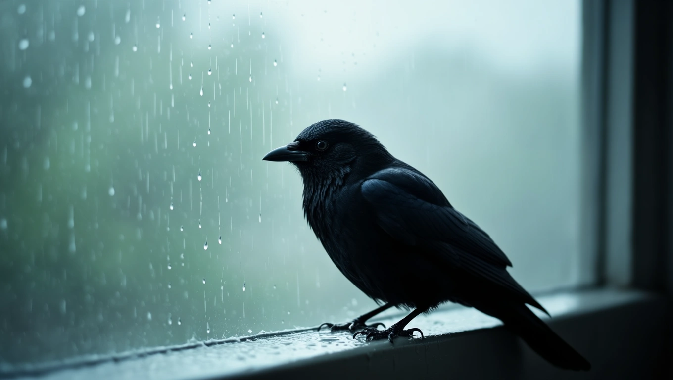 Mit jelent fekete madárral álmodni? – Részletes álomfejtés és értelmezés Egy fekete madár ül egy esőáztatta ablakpárkányon, mellette vízcseppek.