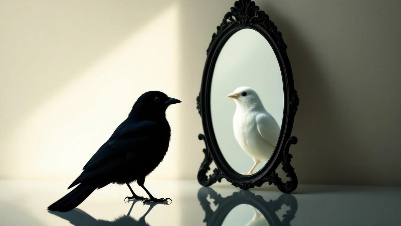 Mit jelent fekete madárral álmodni? – Részletes álomfejtés és értelmezés Egy fekete madár néz a tükörbe, ahol egy fehér madár látható.
