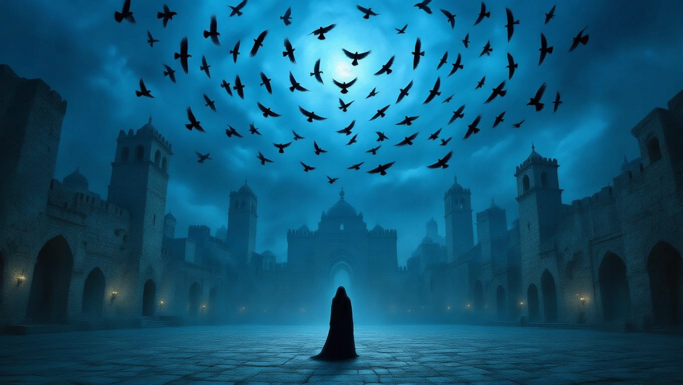 Mit jelent fekete madárral álmodni? – Részletes álomfejtés és értelmezés Fekete madarak repülnek egy sötét, misztikus város felett, egy alak áll a háttérben.