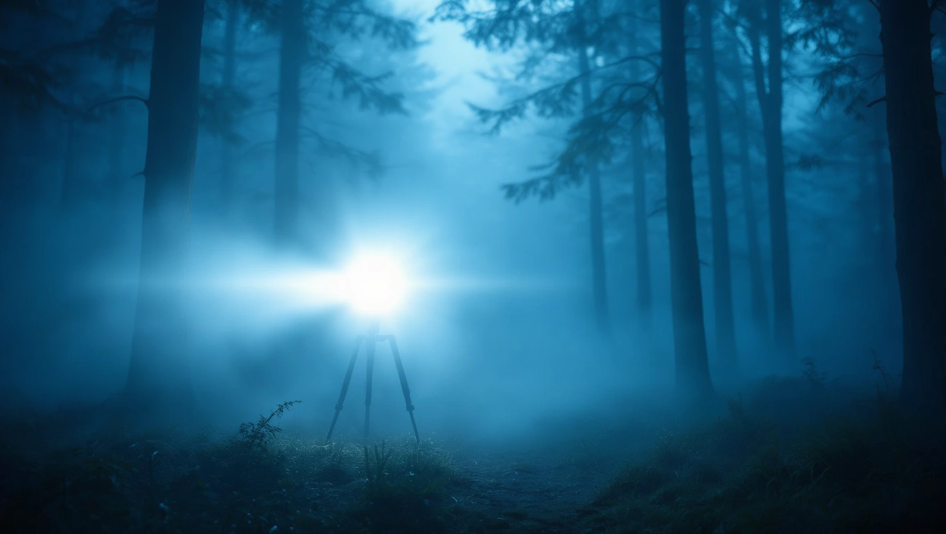 Mit jelent vakuval álmodni? – Részletes álomfejtés és értelmezés Egy erdőben álló állvány, amelyből fény árad, ködös környezetben.