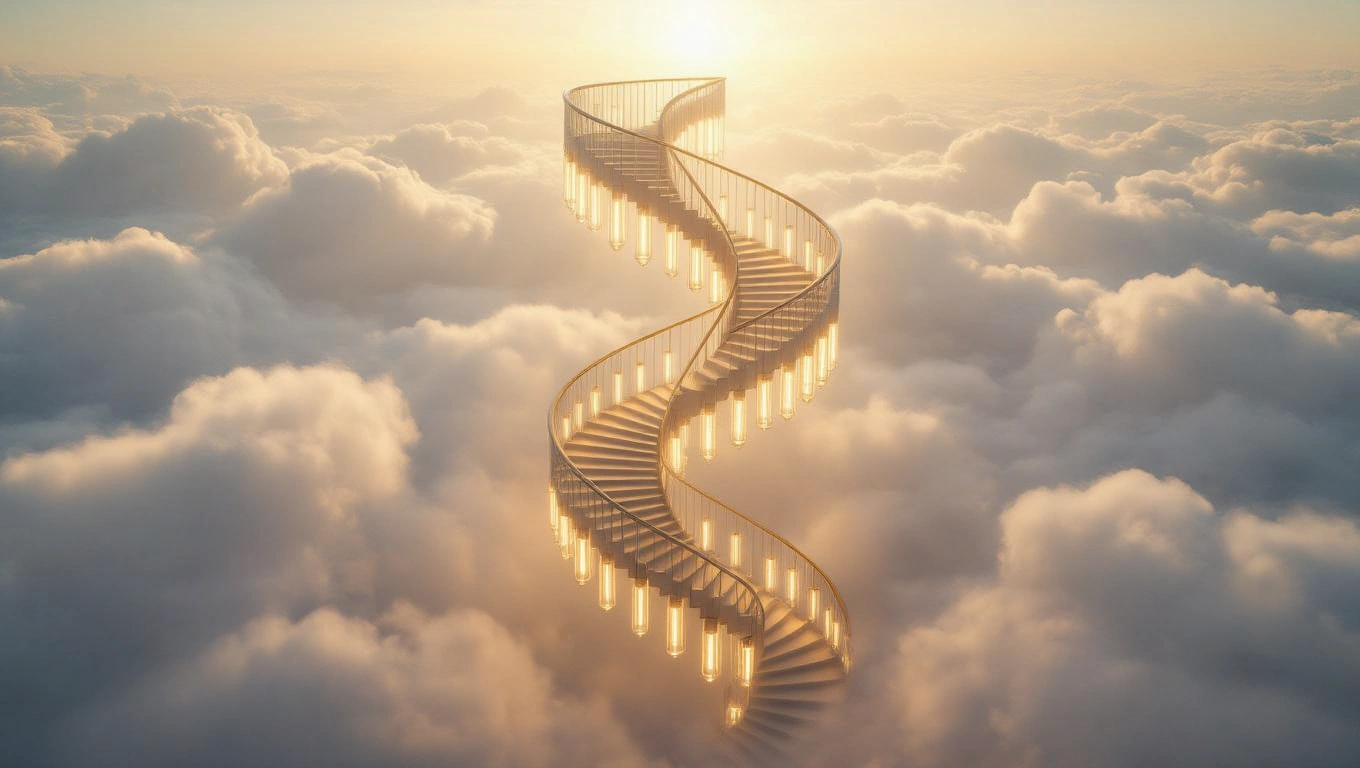 Mit jelent fénycsővel álmodni? – Részletes álomfejtés és értelmezés Fénycső formájú lépcső vezet a felhők felett, világító elemekkel díszítve.