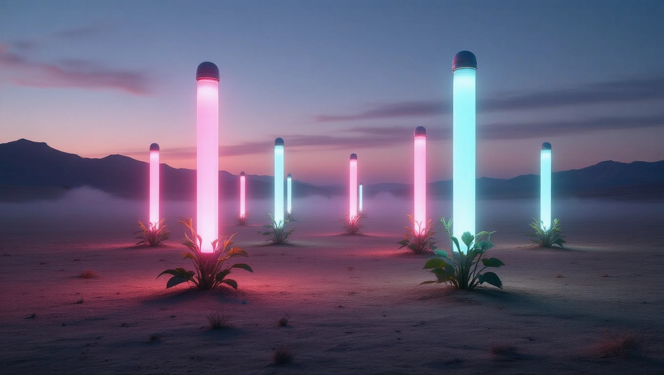 Mit jelent fénycsővel álmodni? – Részletes álomfejtés és értelmezés Színes fénycsövek állnak egy homokos tájon, növények között.