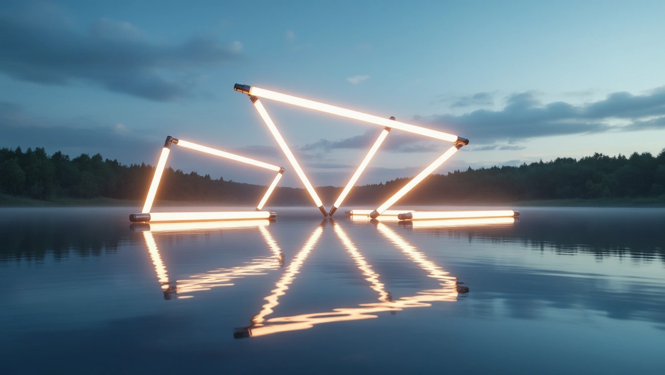 Mit jelent fénycsővel álmodni? – Részletes álomfejtés és értelmezés Fénycsövek víz felett, tükröződve a víz felszínén, nyugodt tájban.