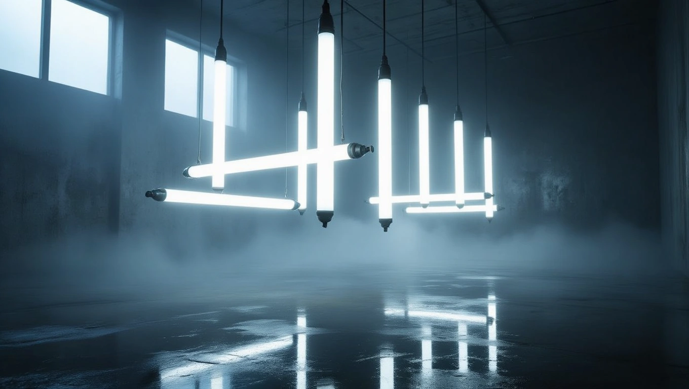 Mit jelent fénycsővel álmodni? – Részletes álomfejtés és értelmezés Fénycsövek lógnak egy sötét, ködös helyiségben, tükröződve a nedves padlón.