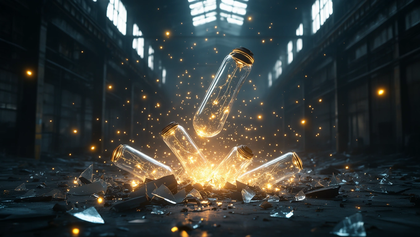 Mit jelent fénycsővel álmodni? – Részletes álomfejtés és értelmezés Üvegből készült fénycsövek lebegnek, körülöttük csillogó fények és törött üvegdarabok.