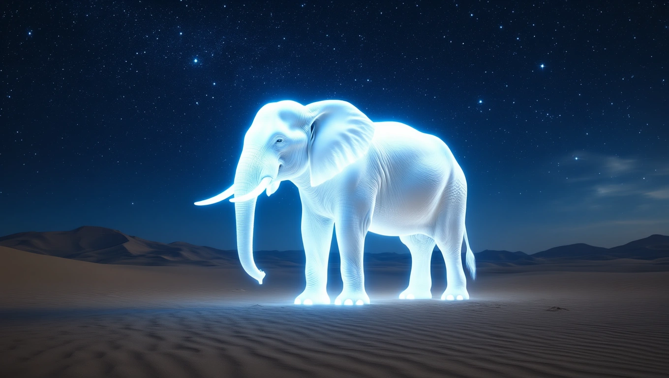 Mit jelent elefánttal álmodni? – Részletes álomfejtés és értelmezés Egy fénylő elefánt áll a sivatagban, csillagos ég alatt.