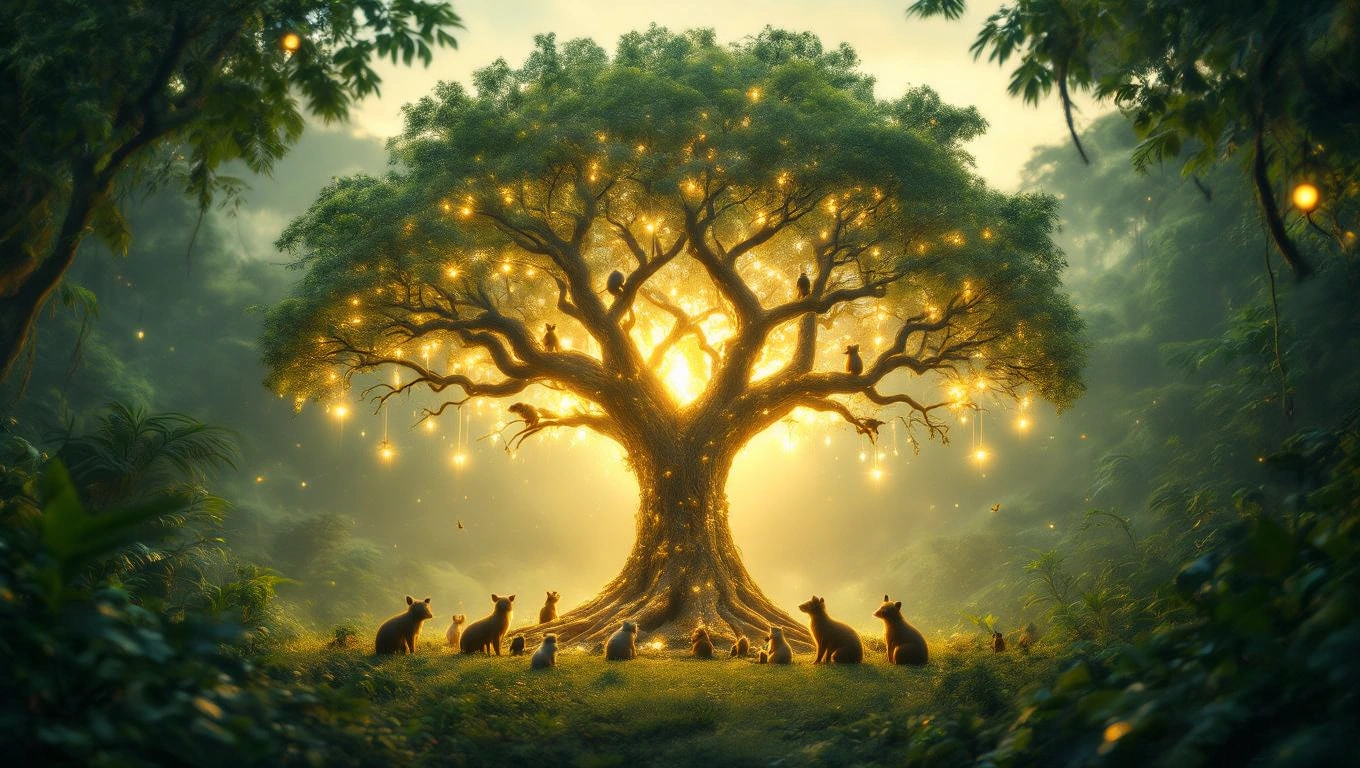 Mit jelent dzsungellel álmodni? – Részletes álomfejtés és értelmezés Egy hatalmas, fénylő fa áll a dzsungelben, körülötte állatok gyűlnek.