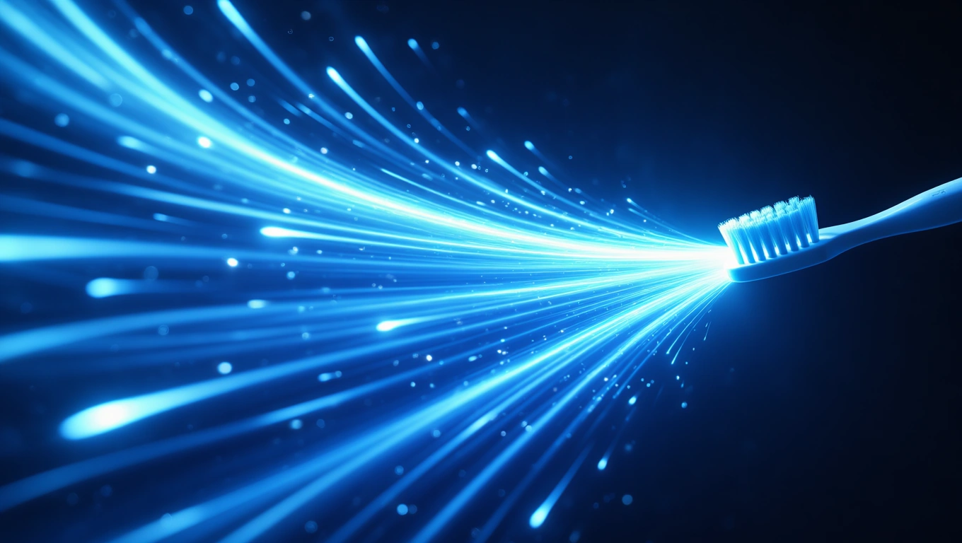 Mit jelent fogkefével álmodni? – Részletes álomfejtés és értelmezés Egy fogkefe, amelyből fénycsíkok áramlanak, sötét háttér előtt.