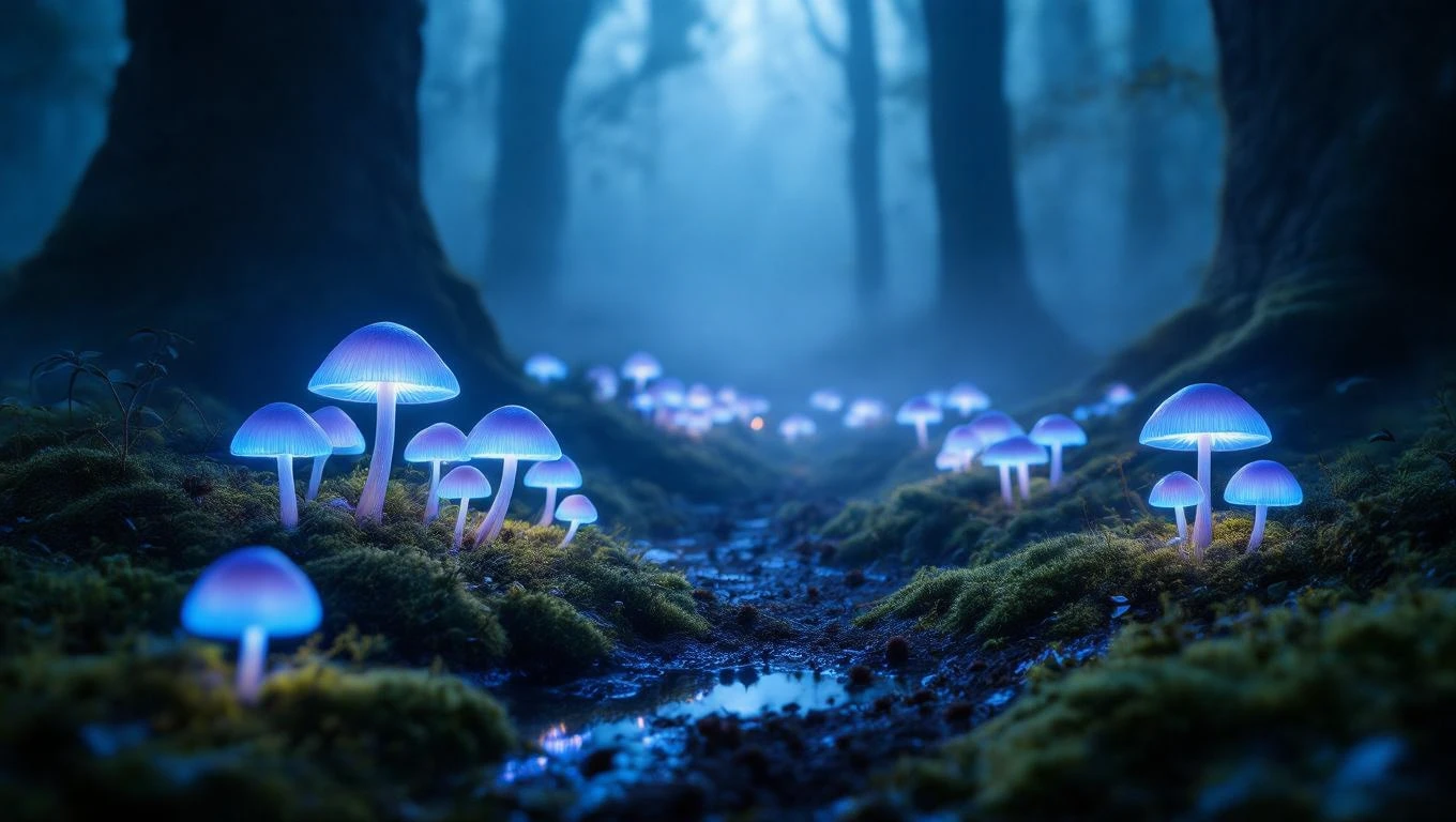 Mit jelent gombával álmodni? – Részletes álomfejtés és értelmezés Fénylő gombák egy ködös erdőben, zöld mohával borítva.