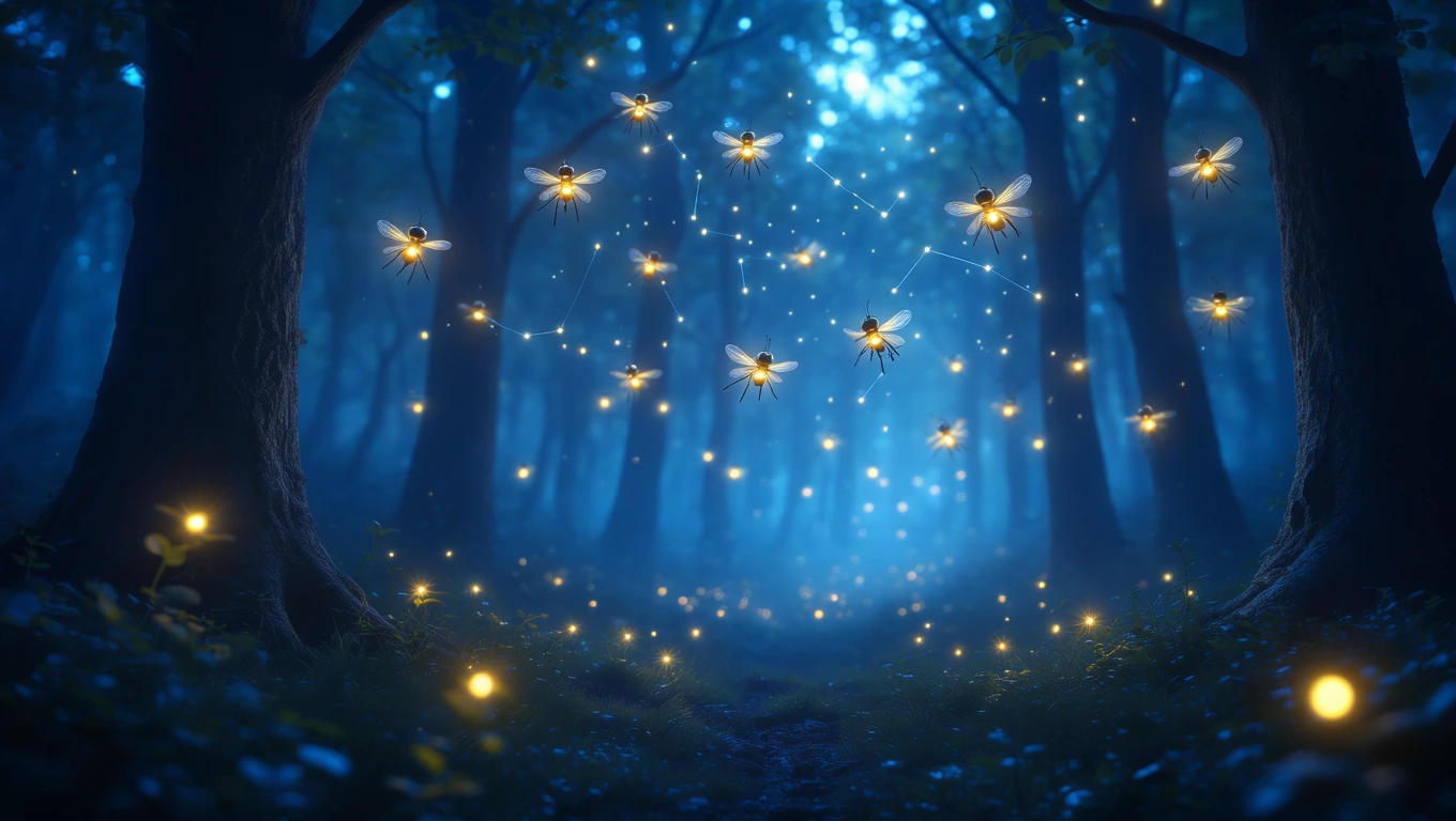 Mit jelent robotokkal álmodni? – Részletes álomfejtés és értelmezés Egy sötét erdőben lebegő fénylő rovarok, varázslatos hangulatot teremtve.