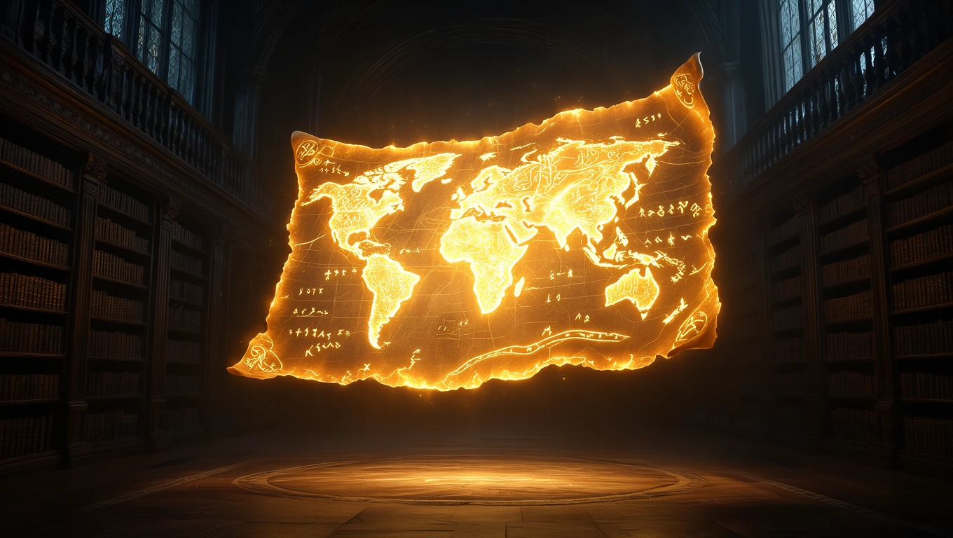 Mit jelent térképpel álmodni? – Részletes álomfejtés és értelmezés Egy fénylő térkép lebeg egy könyvtár sötét sarkában, szimbolizálva az utazást.
