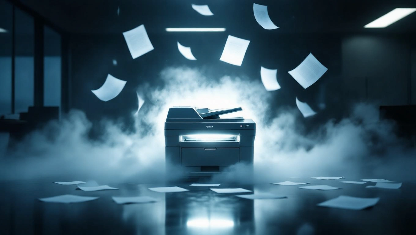Mit jelent fénymásolóval álmodni? – Részletes álomfejtés és értelmezés Egy fénymásoló, körülötte lebegő papírlapokkal és köddel.