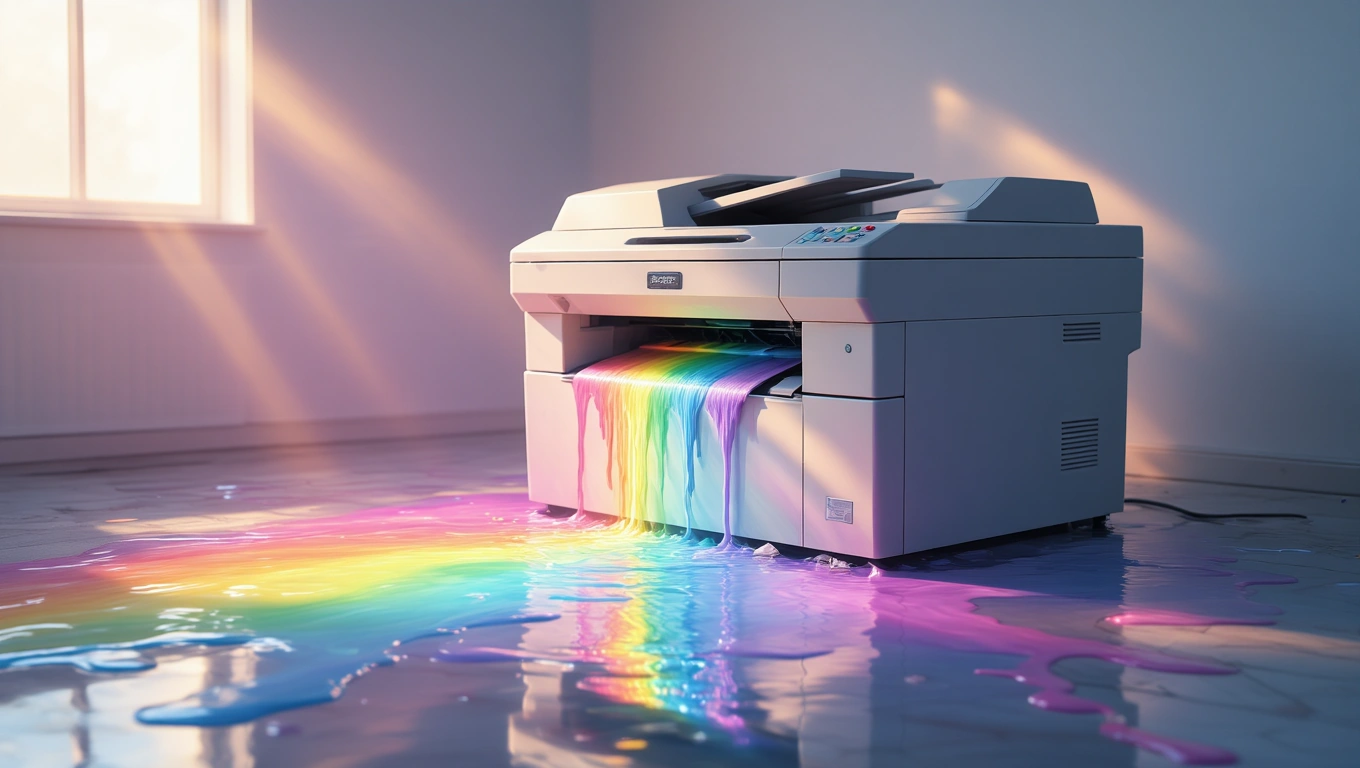 Mit jelent fénymásolóval álmodni? – Részletes álomfejtés és értelmezés Egy fénymásoló, amelyből színes folyadék áramlik, szivárványos hatást keltve.