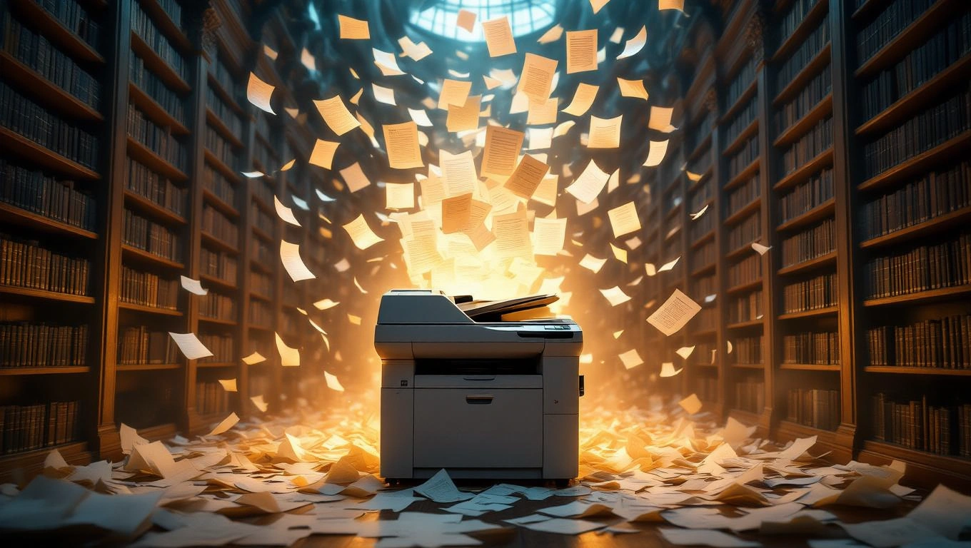 Mit jelent fénymásolóval álmodni? – Részletes álomfejtés és értelmezés Fénymásoló áll egy könyvtár közepén, körülötte repülő papírlapok.