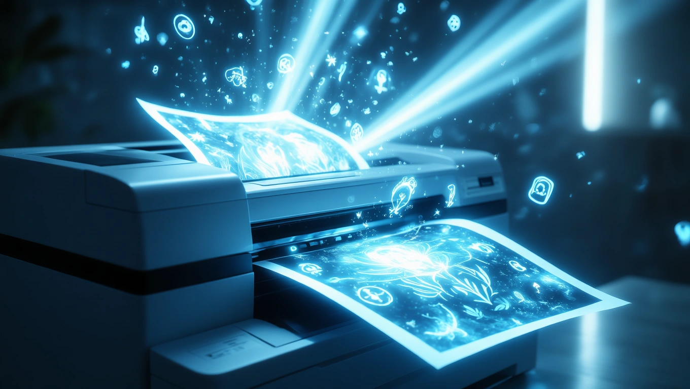 Mit jelent fénymásolóval álmodni? – Részletes álomfejtés és értelmezés Egy fénymásoló, amelyből varázslatos, fénylő képek emelkednek ki.