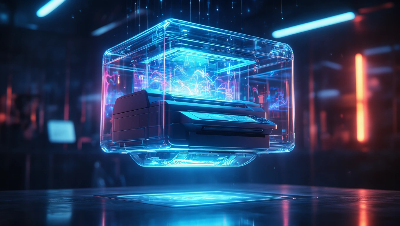 Mit jelent fénymásolóval álmodni? – Részletes álomfejtés és értelmezés Fénymásoló lebeg a sötét háttér előtt, futurisztikus fényekkel körülvéve.