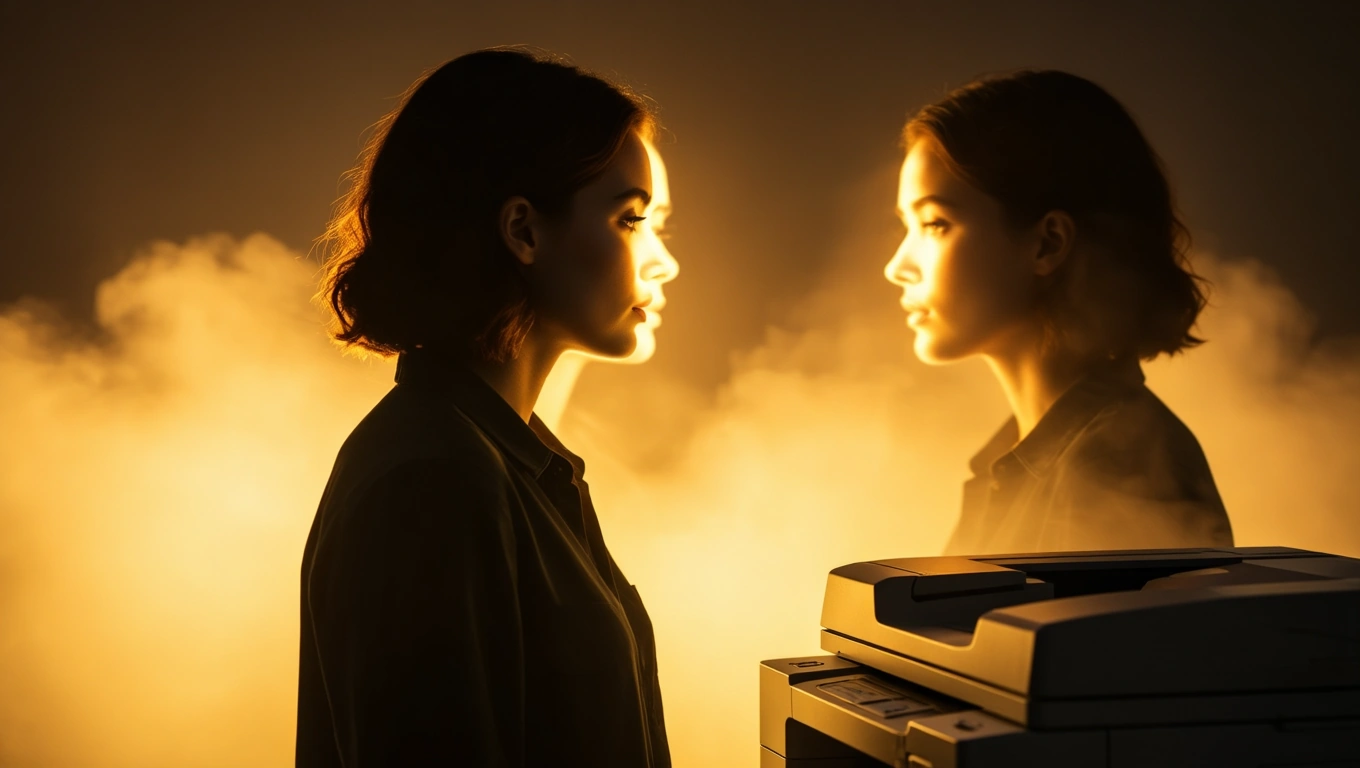 Mit jelent fénymásolóval álmodni? – Részletes álomfejtés és értelmezés Egy női alak fénymásoló mellett, háttérben füst és fények.