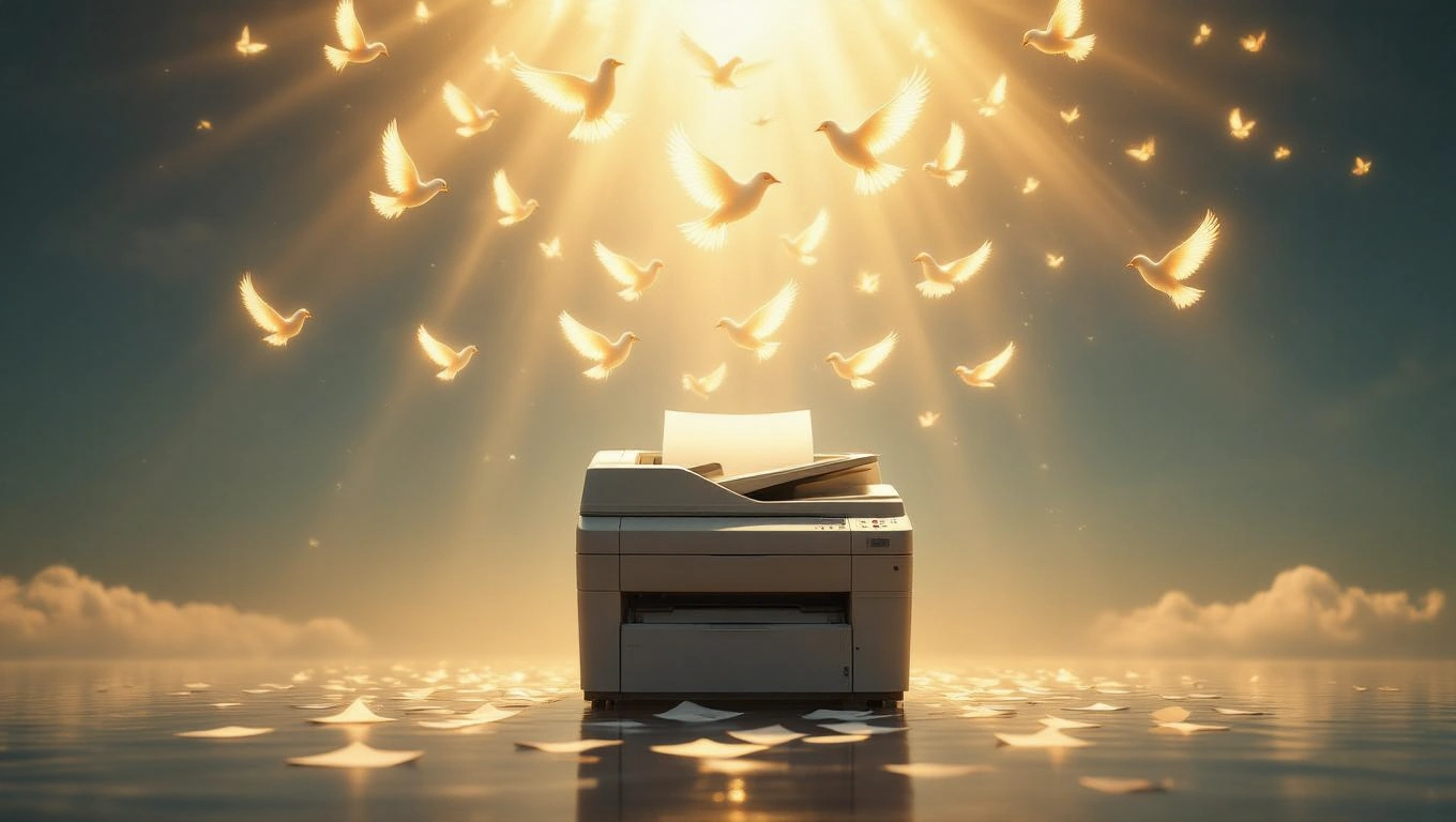 Mit jelent fénymásolóval álmodni? – Részletes álomfejtés és értelmezés Egy fénymásoló áll a víz tükrén, körülötte fehér galambok repkednek.