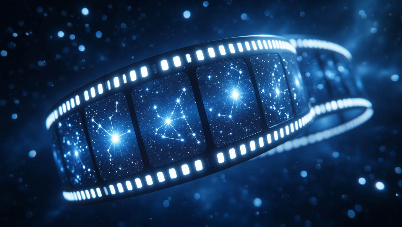 Mit jelent filmtekercsről álmodni? – Részletes álomfejtés és értelmezés Egy filmtekercs, amely csillagképeket és galaktikus elemeket ábrázol, sötét háttér előtt.