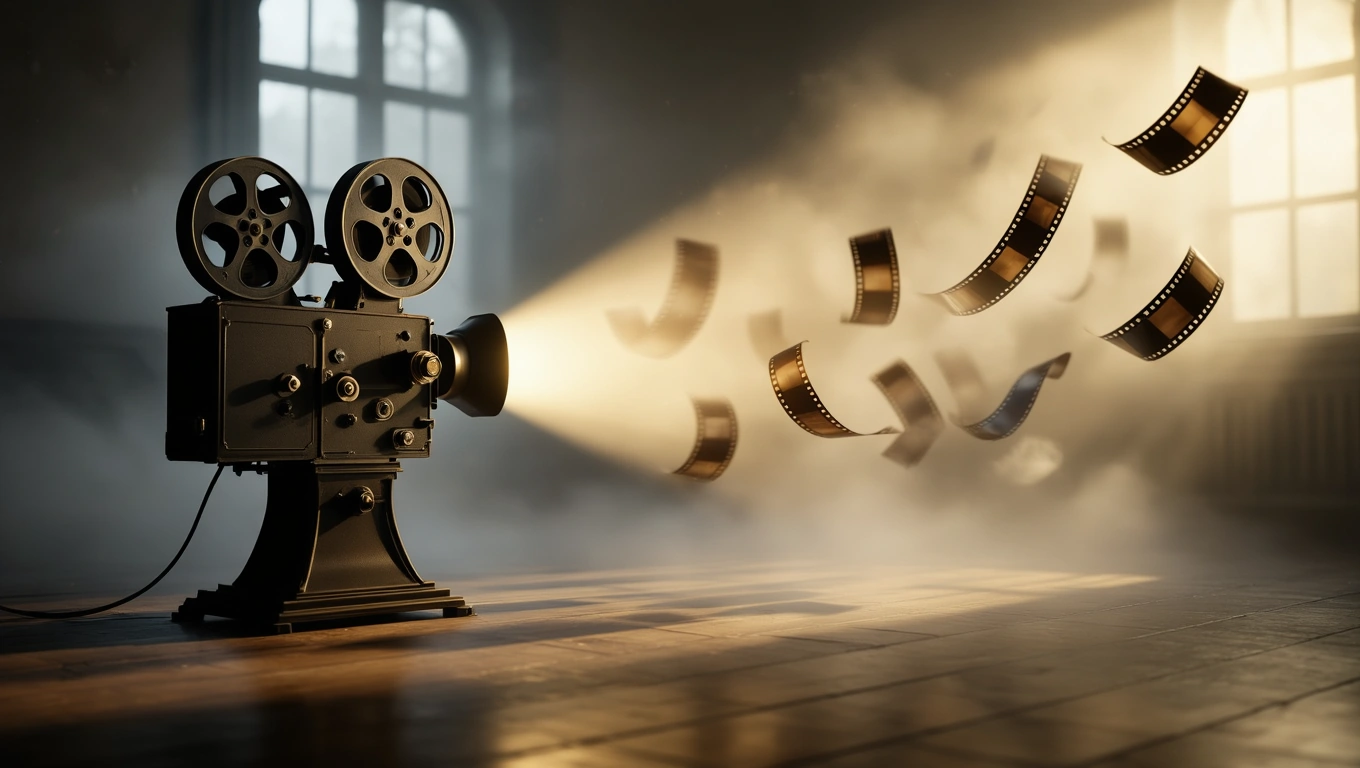 Mit jelent filmtekercsről álmodni? – Részletes álomfejtés és értelmezés Egy régi filmes projektor, amelyből filmtekercsek repülnek ki, szürke háttér előtt.