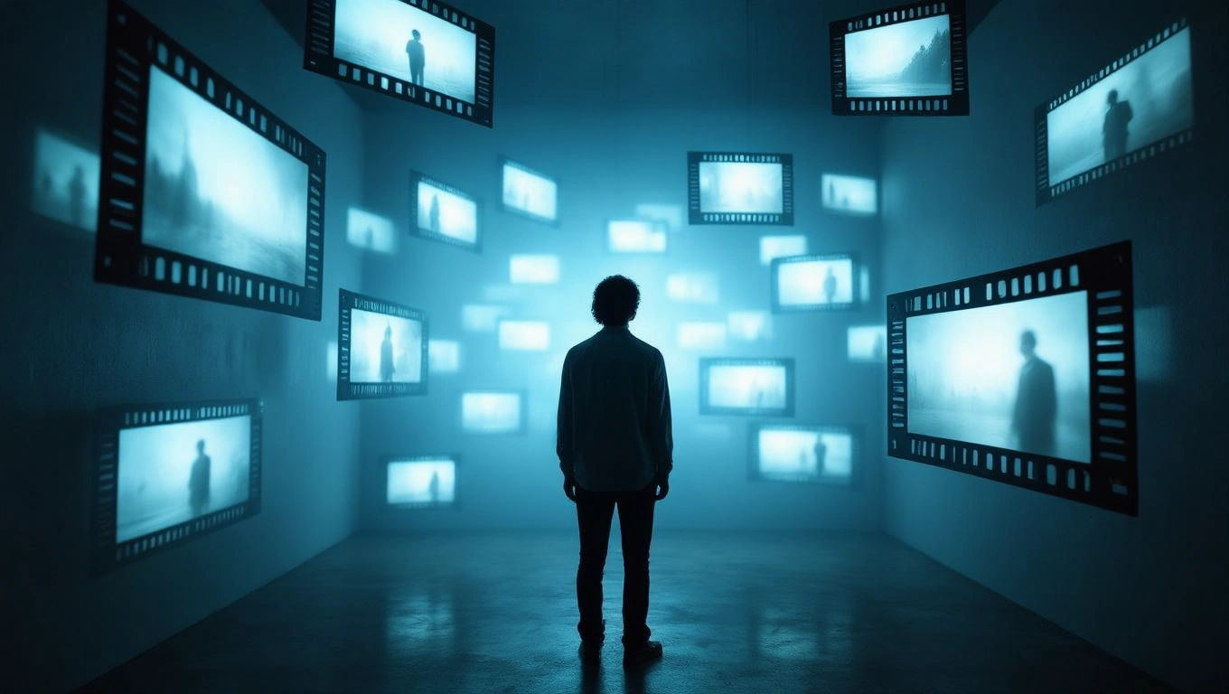 Mit jelent filmtekercsről álmodni? – Részletes álomfejtés és értelmezés Egy férfi áll a filmtekercsekből készült képernyők előtt, amelyek az emlékeket szimbolizálják.