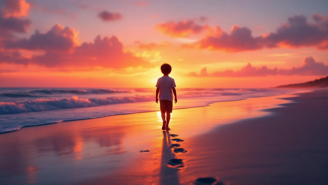 Mit jelent fiúgyermekkel álmodni? – Részletes álomfejtés és értelmezés Egy fiúgyermek sétál a tengerparton naplementében, lábnyomokat hagyva a homokban.