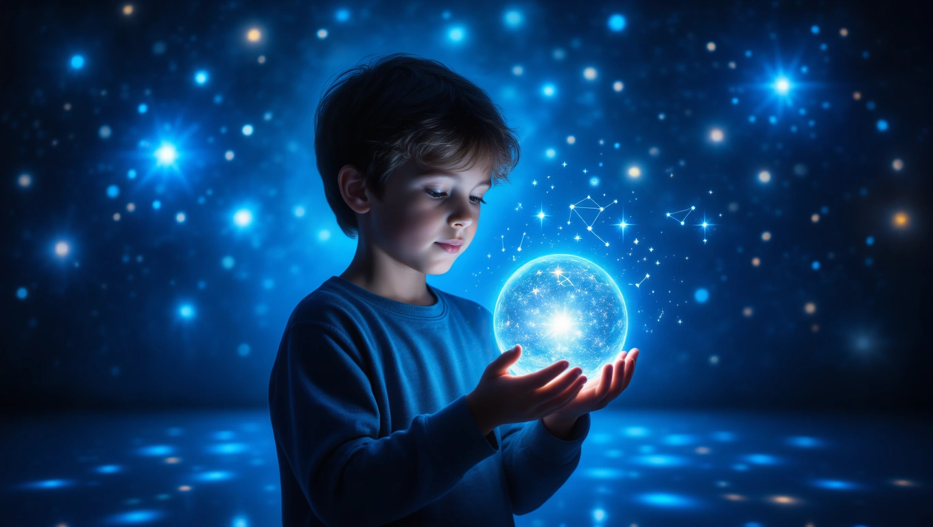 Mit jelent fiúgyermekkel álmodni? – Részletes álomfejtés és értelmezés Egy fiúgyermek csillogó gömböt tart a kezében, álomszerű, kék háttér előtt.