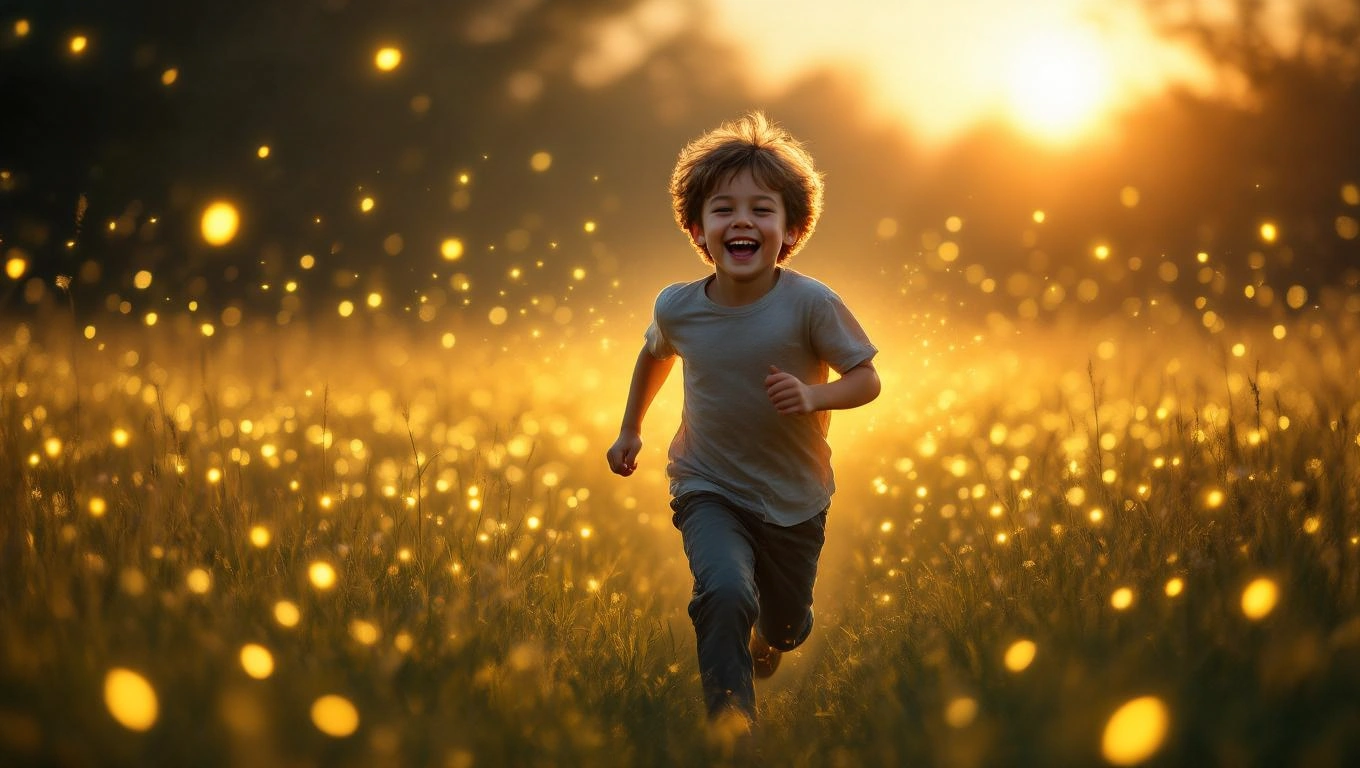 Mit jelent fiúgyermekkel álmodni? – Részletes álomfejtés és értelmezés Egy fiúgyermek boldogan fut a naplementében, aranyszínű fények között.