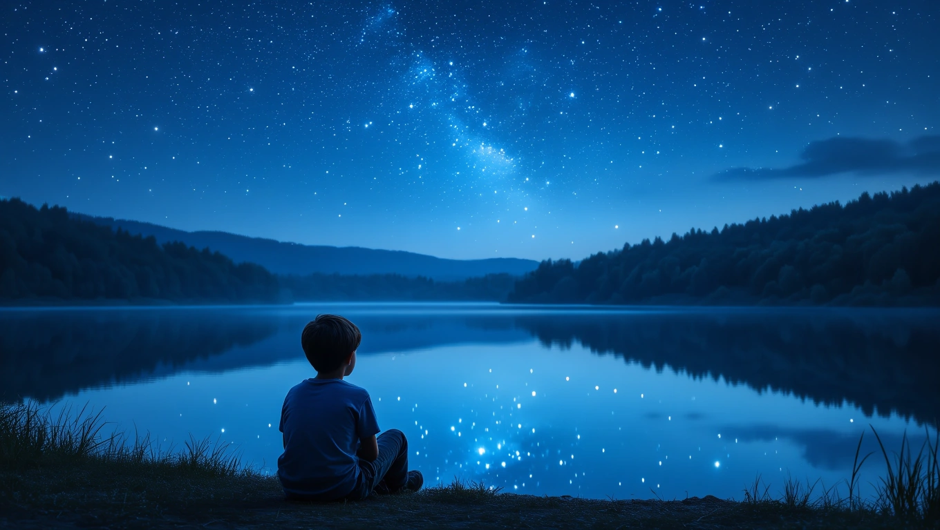 Mit jelent fiúgyermekkel álmodni? – Részletes álomfejtés és értelmezés Egy fiú ül a vízparton, csillagos ég alatt, álmodozva a jövőről.