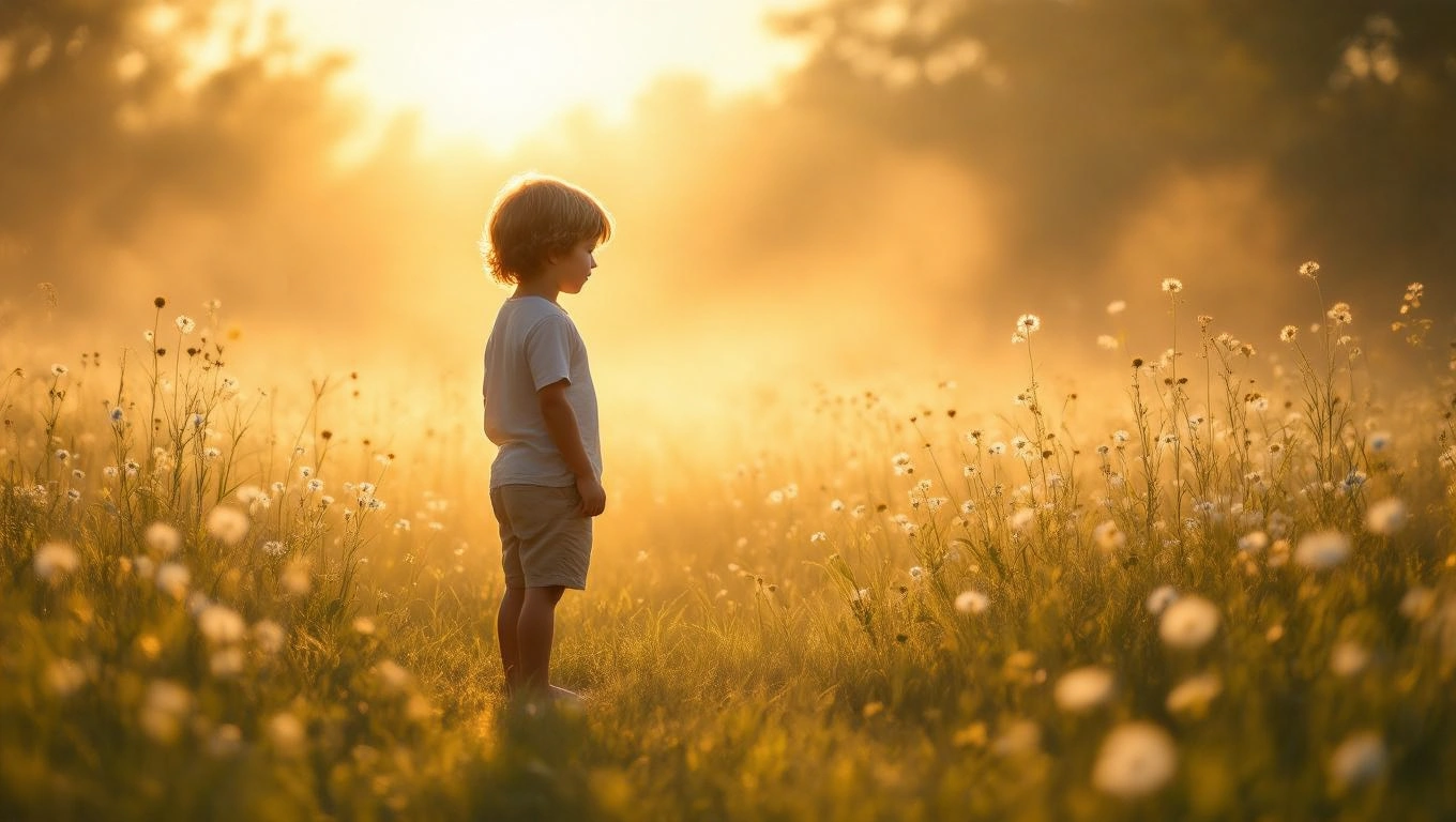 Mit jelent fiúgyermekkel álmodni? – Részletes álomfejtés és értelmezés Egy kisfiú áll egy virágos mezőn, napfényben fürödve, álmodozó arckifejezéssel.