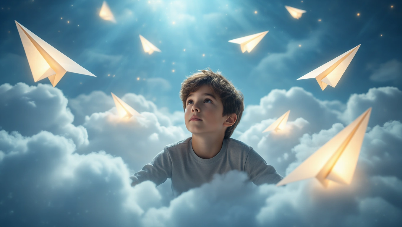 Mit jelent fiúgyermekkel álmodni? – Részletes álomfejtés és értelmezés Egy fiúgyermek néz fel a felhők között repülő papírrepülőkre, álomszerű környezetben.