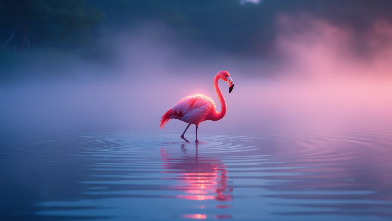 Mit jelent flamingóval álmodni? – Részletes álomfejtés és értelmezés Egy flamingó áll a vízben, körülötte köd és színes fények tükröződnek.